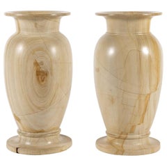 Pair of Large Teak Wood Marble Vases