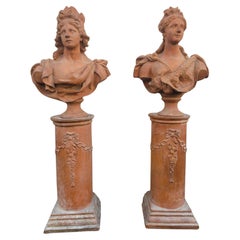 Antique Pair Of Large Terracotta Busts, Apollo And Diana, 18th Century