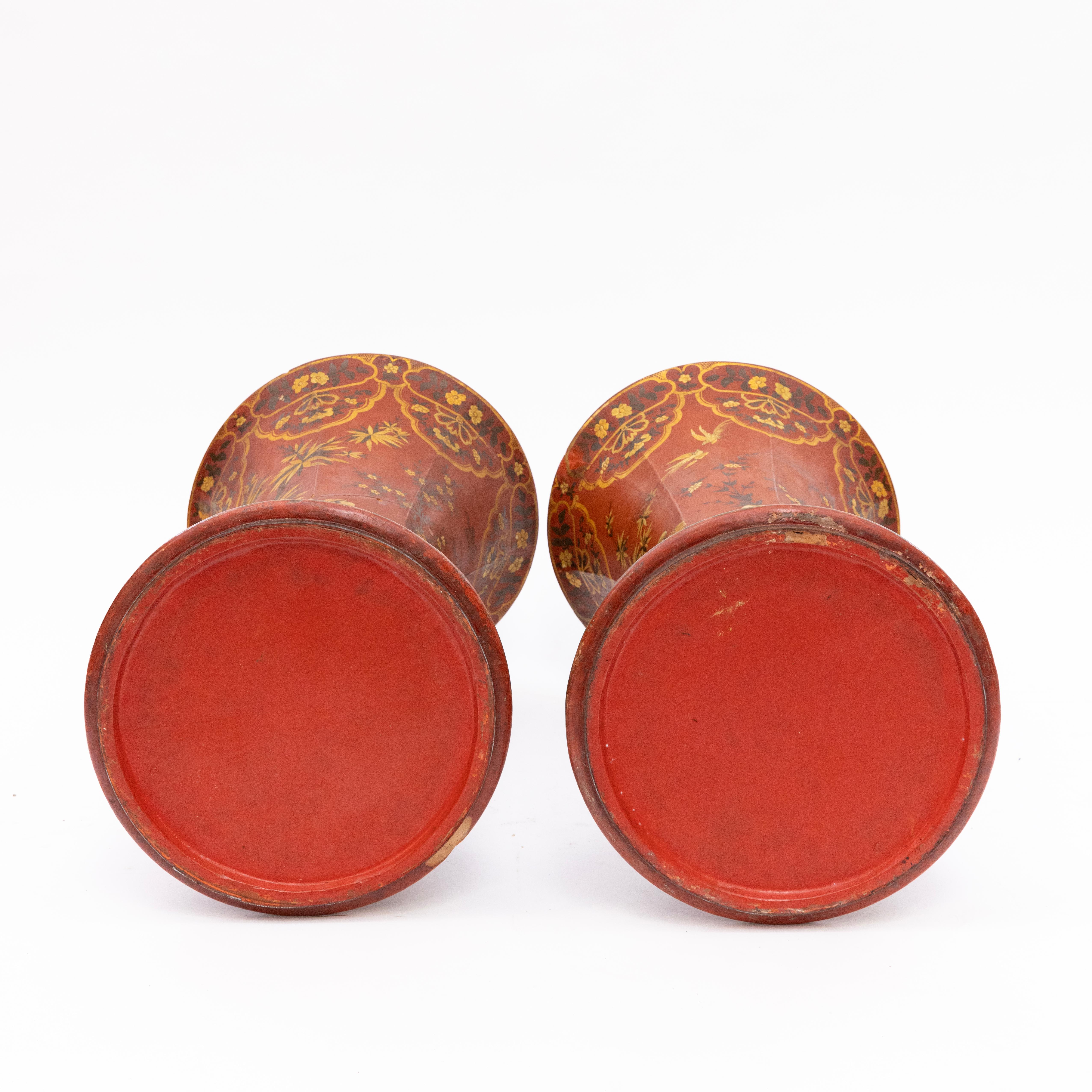 Pair of unique colossal floor vases in terracotta with exciting original chinoiserie decorations in polychrome.
France 1830-1840. 

A very impressive and decorative pair, 
Sold as a pair.