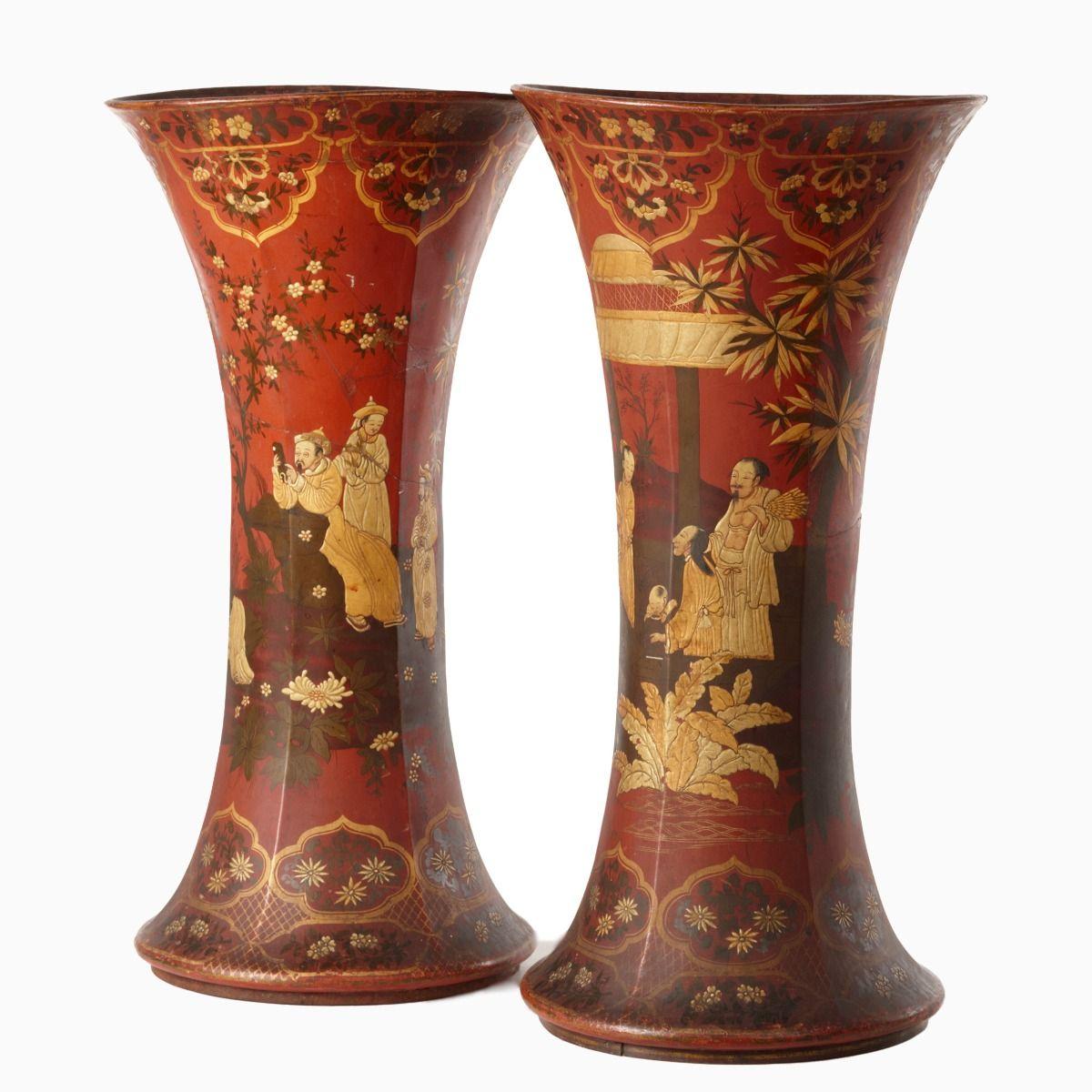 Gilt Pair of Large Terracotta Floor Vase's Original Chinoiserie Decoration For Sale