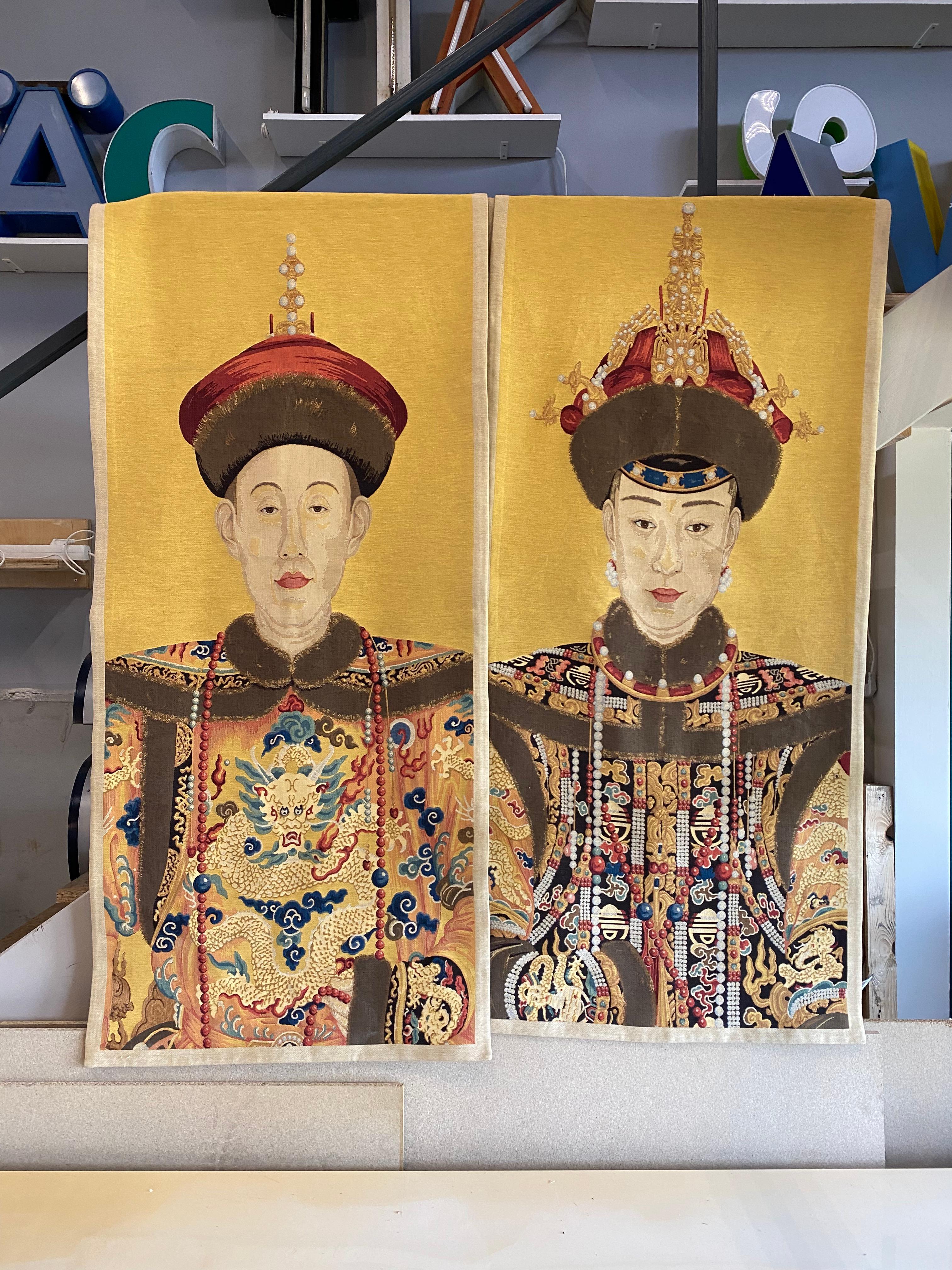 Pair of large textile portraits of a Chinese imperial couple of the Ming Dynasty. The murals date from the 20th century and can decorate a large wall very impressively. The portraits are probably of an imperial couple, as the subjects are dressed in