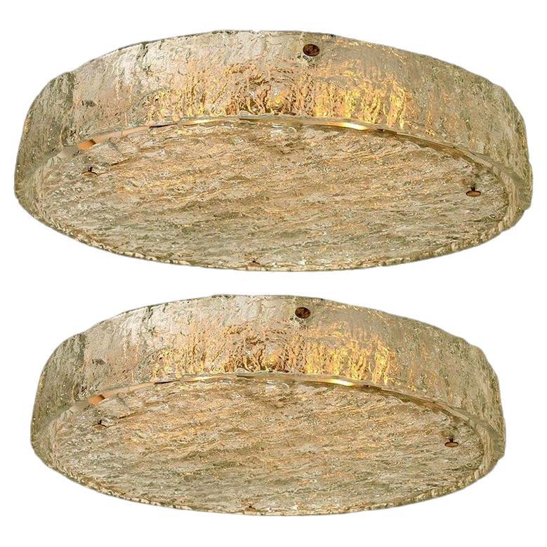 Pair of Large Textured Glass Flush Mounts by Kaiser, 1960