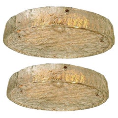 Retro Pair of Large Textured Glass Flush Mounts by Kaiser, 1960
