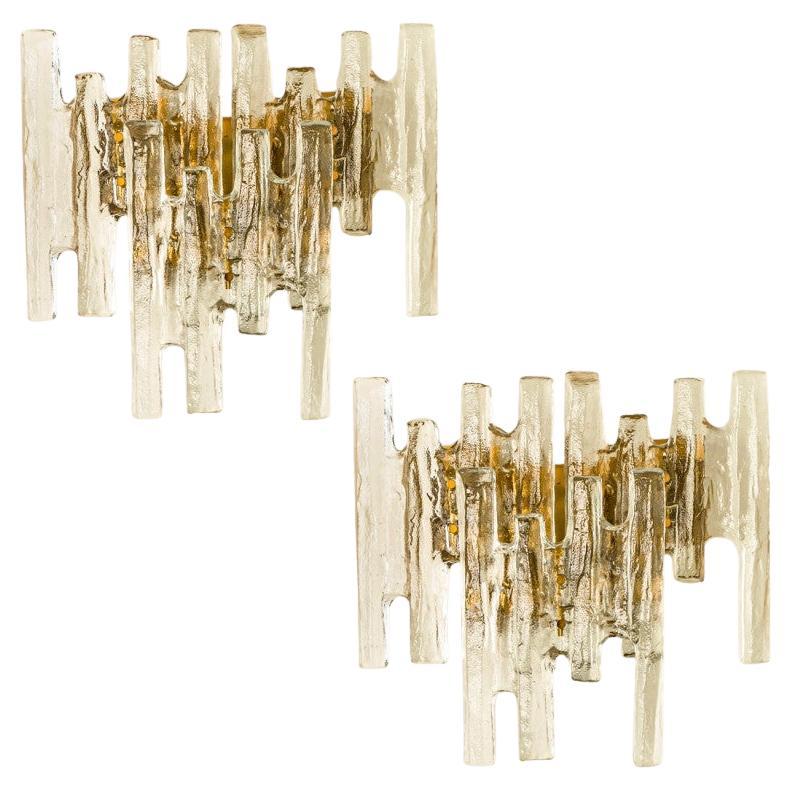 Pair of Large Textured Ice glass Wall Lights by Kalmar, 1960s