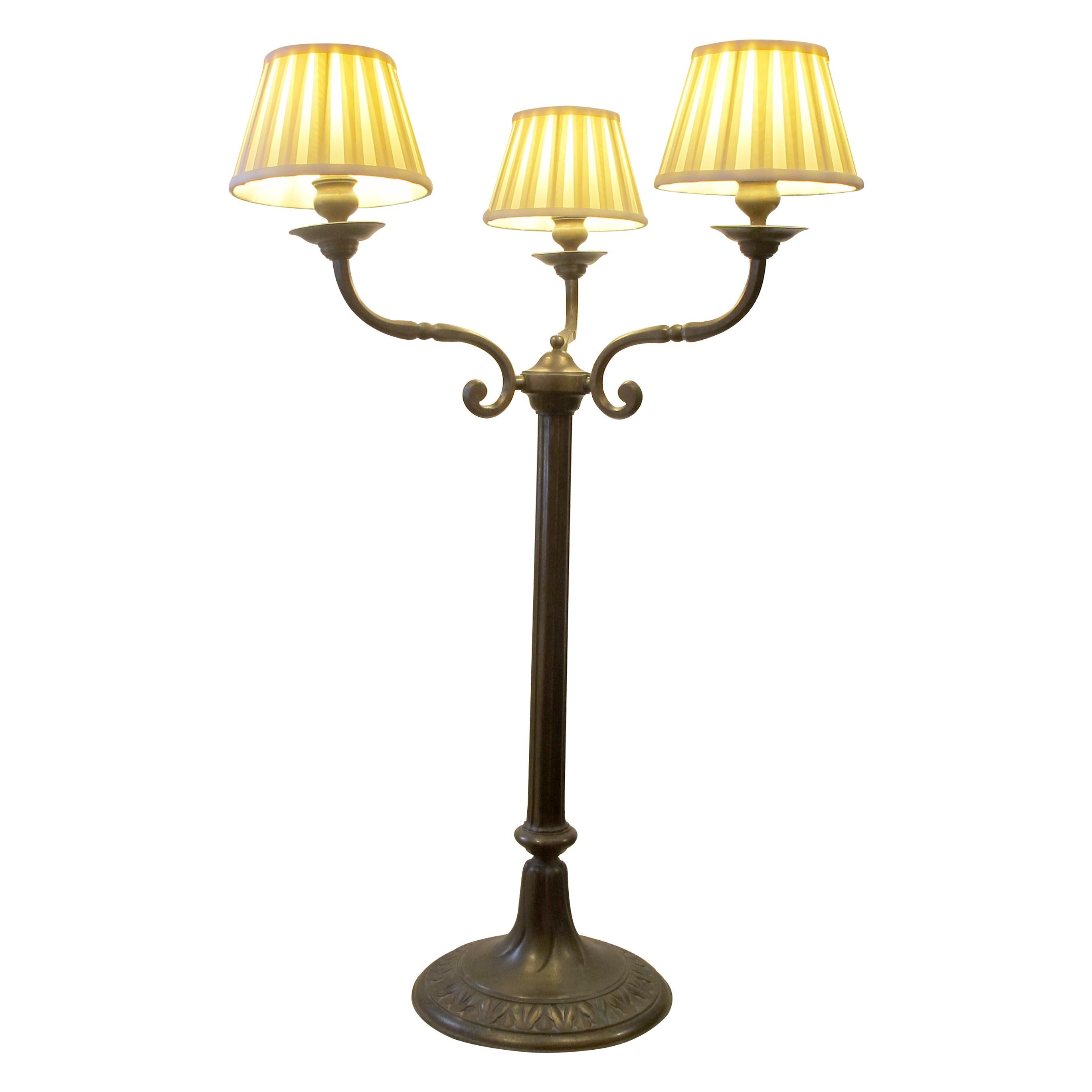 Belle Époque Pair of Large Three Arms Solid Bronze Table Lamps circa 1900, French For Sale