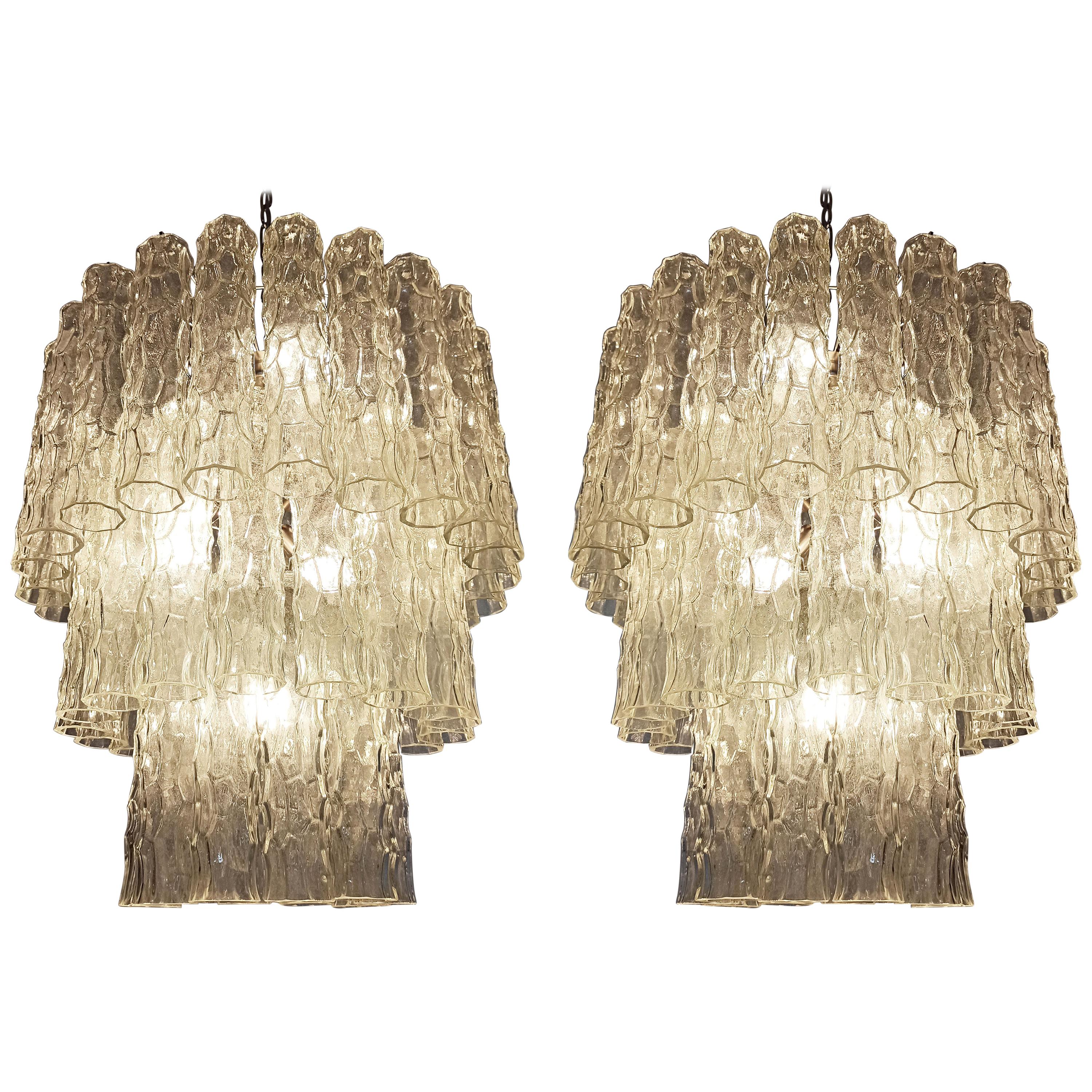 Pair of Large Three-Tier Murano Glass Tube Chandelier For Sale