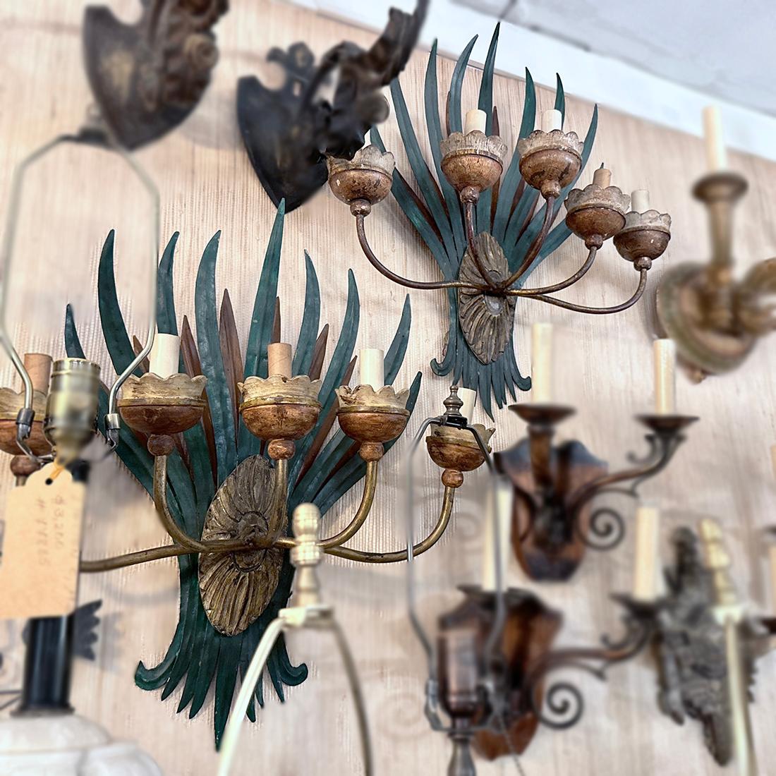 Hand-Painted Pair of Large Tole and Wood Sconces For Sale