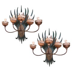 Pair of Large Tole and Wood Sconces
