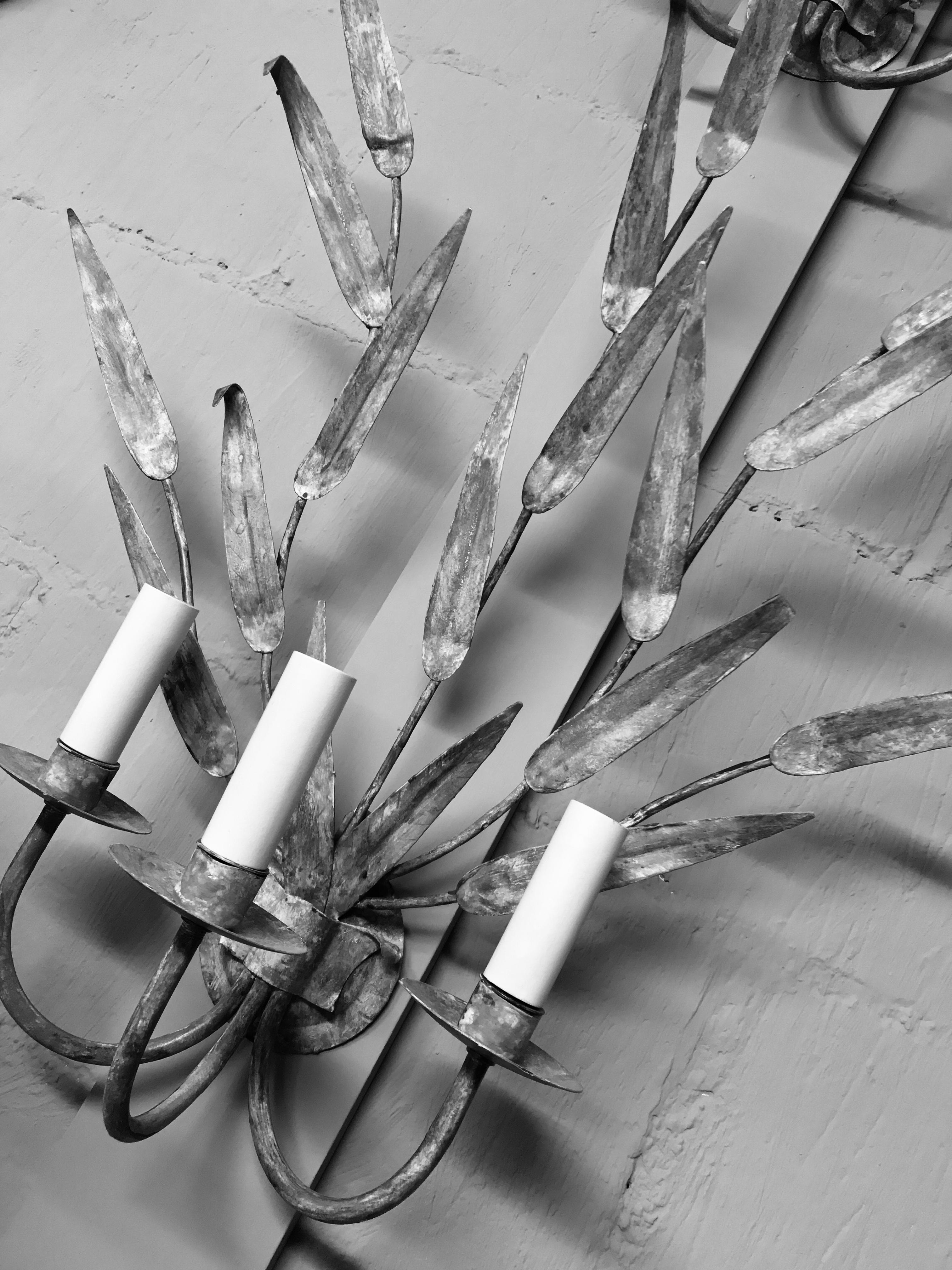 Pair of Large Tole Leaf Wall Sconces In Good Condition In Kent, Dover