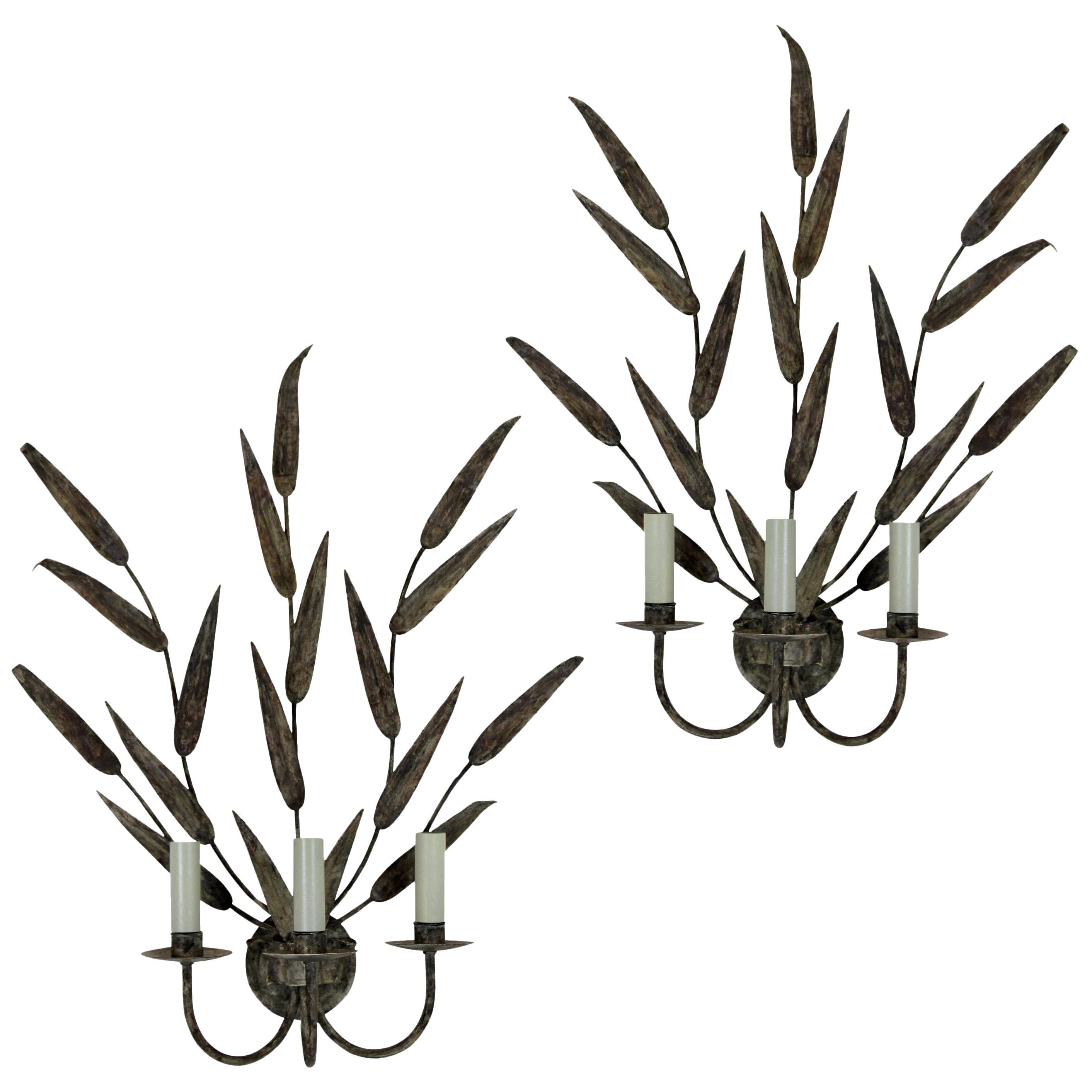 Pair of Large Tole Leaf Wall Sconces