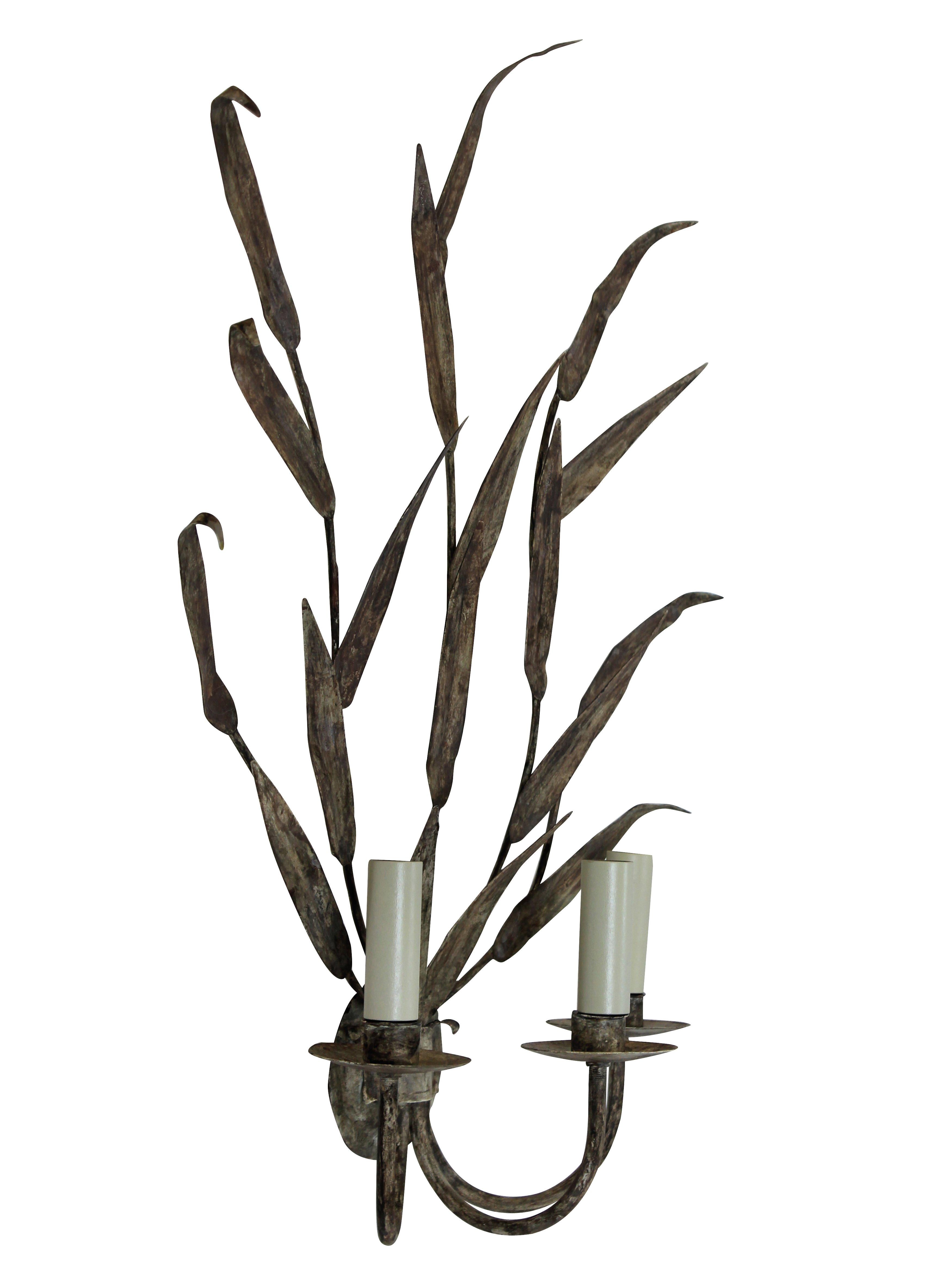 French Pair of Large Tole Leafy Wall Sconces