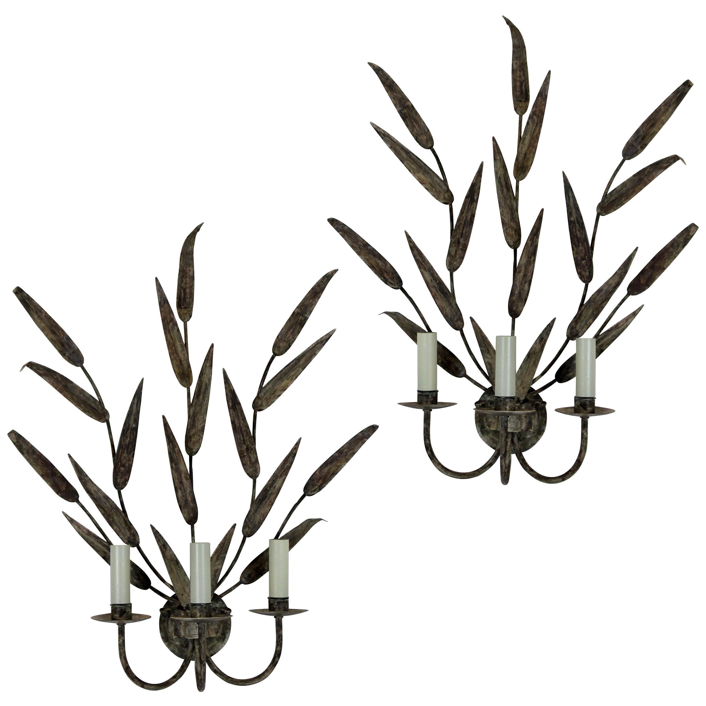 Pair of Large Tole Leafy Wall Sconces