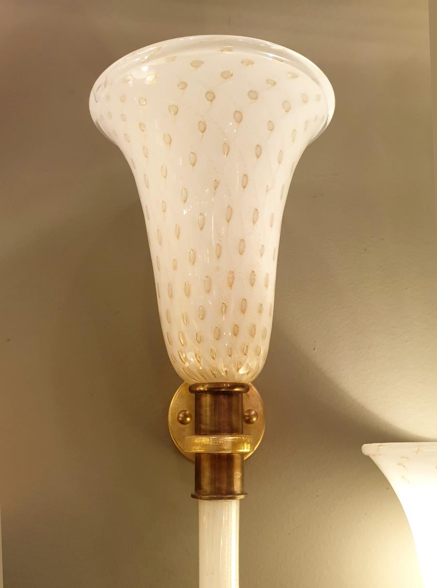 Long Torchiere White & Gold Murano Glass Sconces Mid-Century Modern Venini Style 1