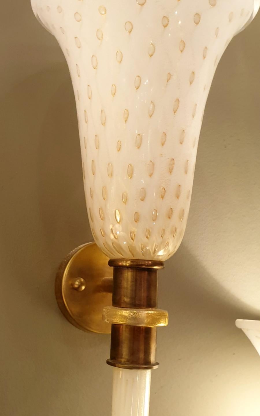 Long Torchiere White & Gold Murano Glass Sconces Mid-Century Modern Venini Style 2