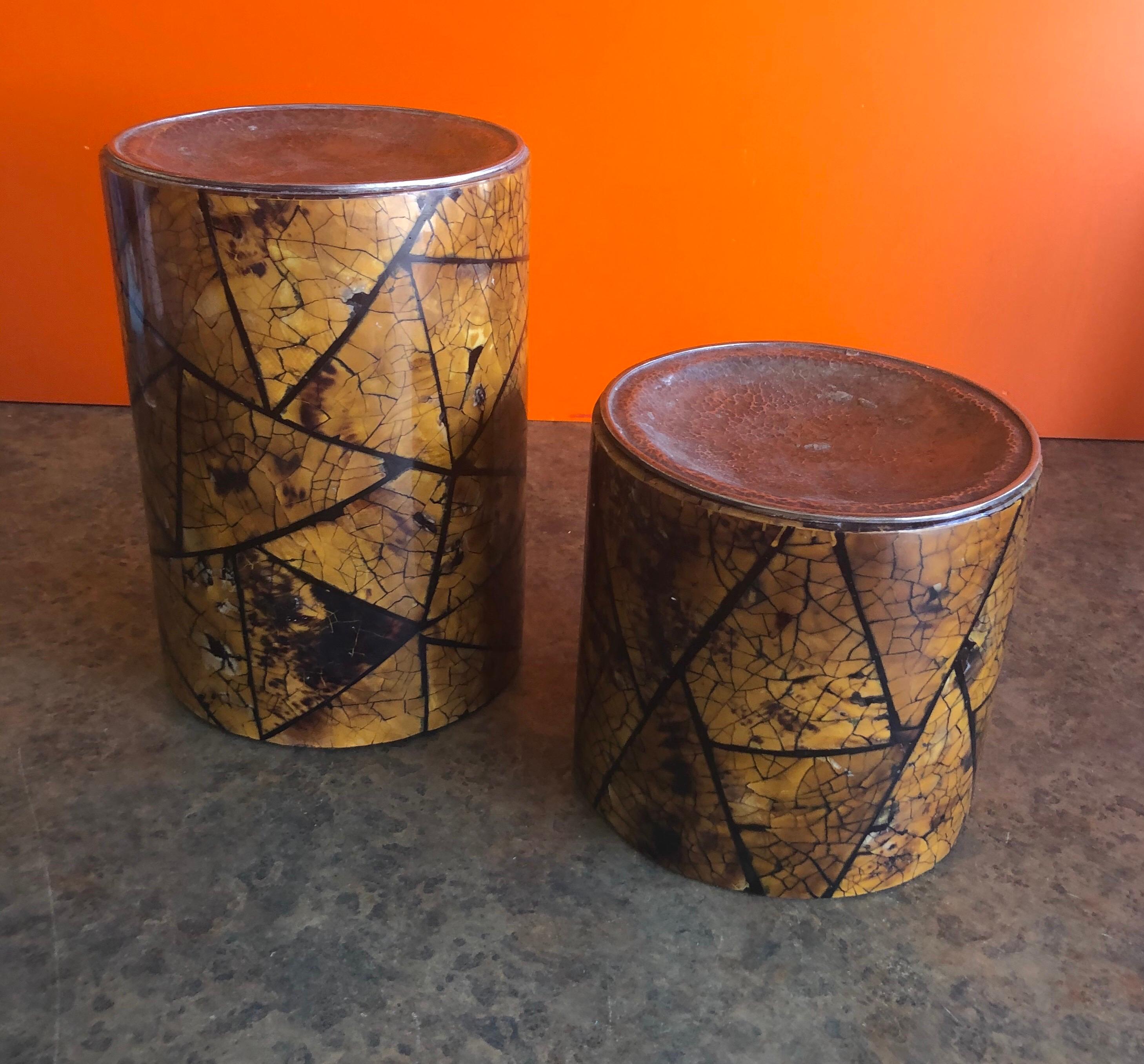 Beautiful pair of large tortoiseshell candle holders by Maitland Smith, circa 1970s, both pieces are 6.375