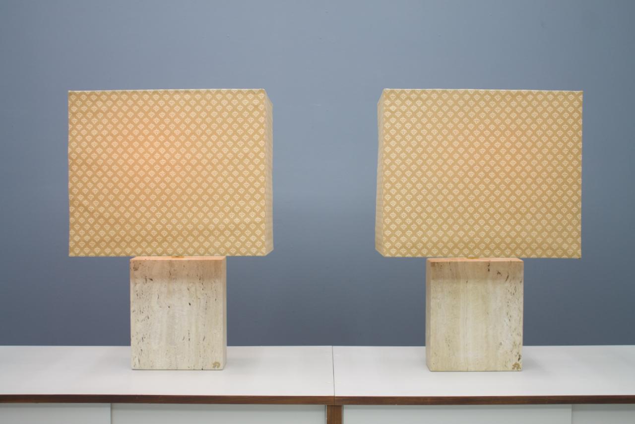 Pair of Large Travertine and Brass Table Lamps by Draenert Germany, 1970s In Good Condition In Frankfurt / Dreieich, DE