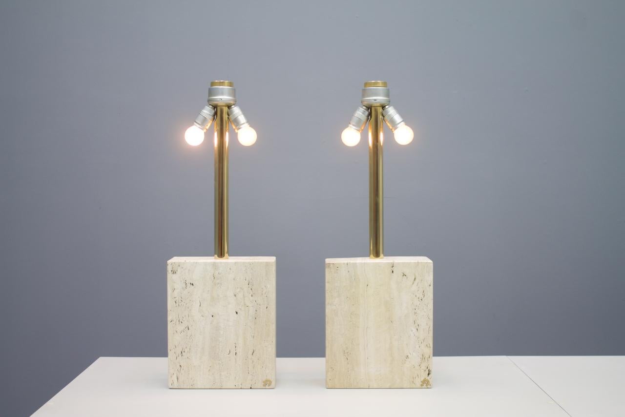 Pair of Large Travertine and Brass Table Lamps by Draenert Germany, 1970s 1