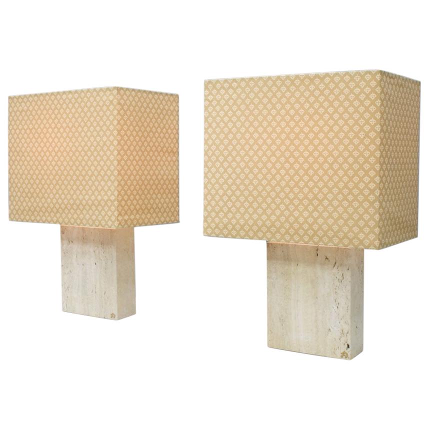 Pair of Large Travertine and Brass Table Lamps by Draenert Germany, 1970s