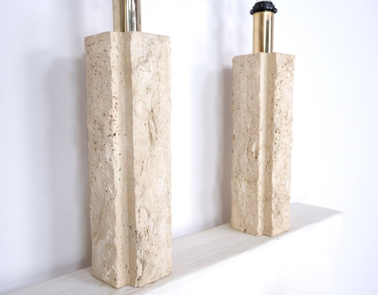Mid-Century Modern Pair of Large Travertine and Brass Table Lamps, Italy, c.1970