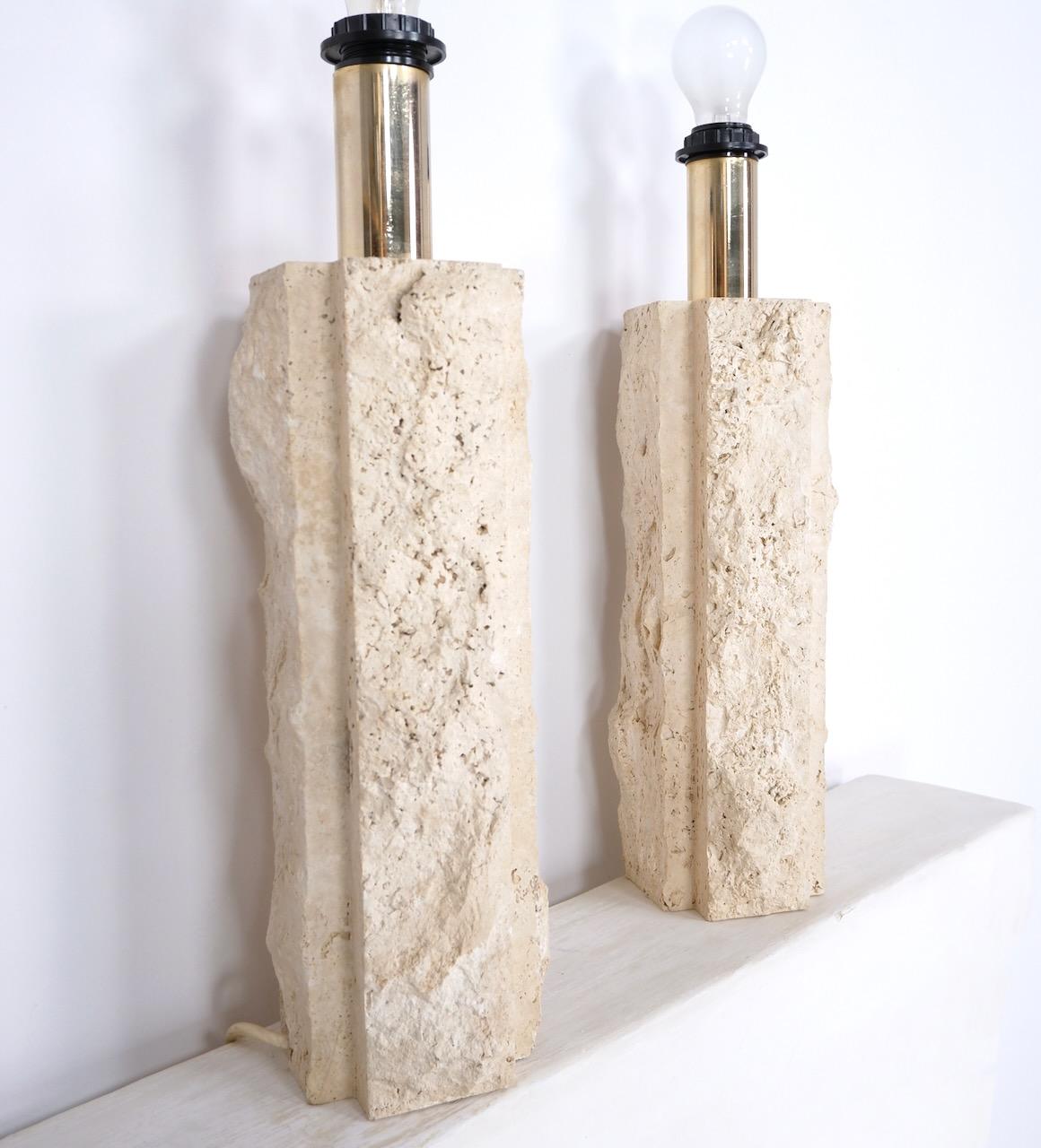 Italian Pair of Large Travertine and Brass Table Lamps, Italy, c.1970
