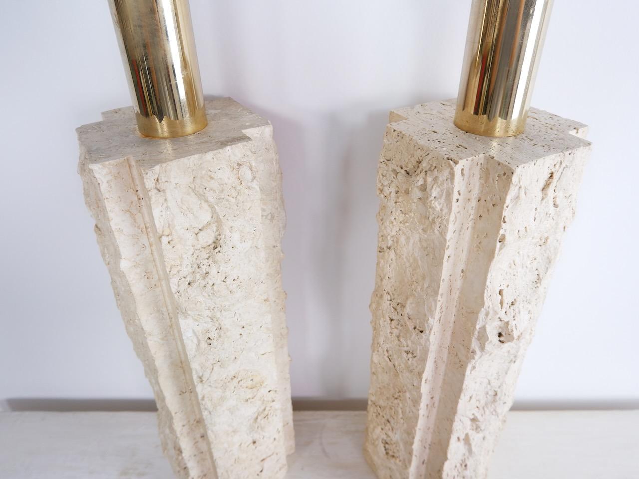 Pair of Large Travertine and Brass Table Lamps, Italy, c.1970 In Good Condition In Surbiton, GB