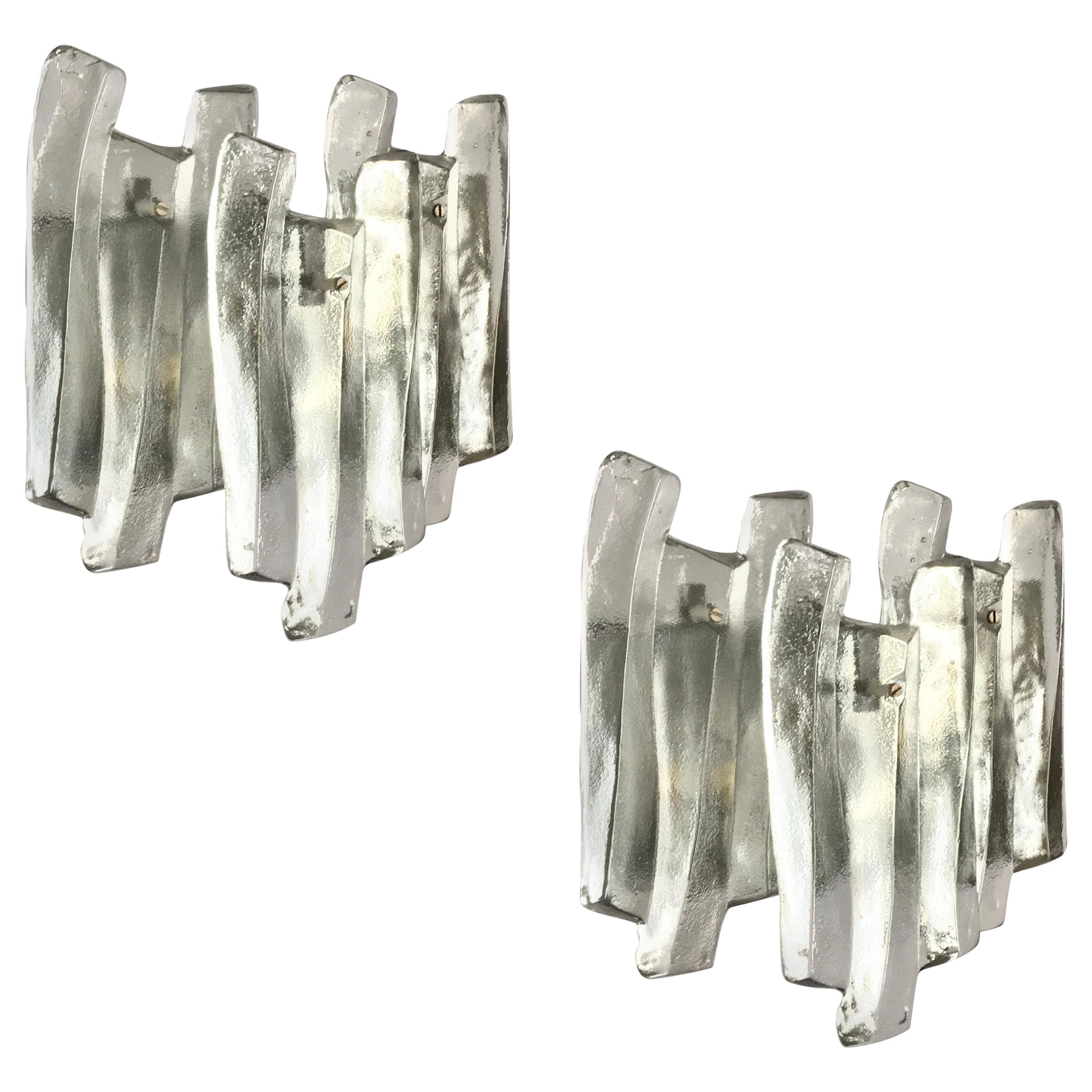 Pair of Large Triple Panel "Ice Block" Glass Sconces by Kalmar, Austria, 1970s