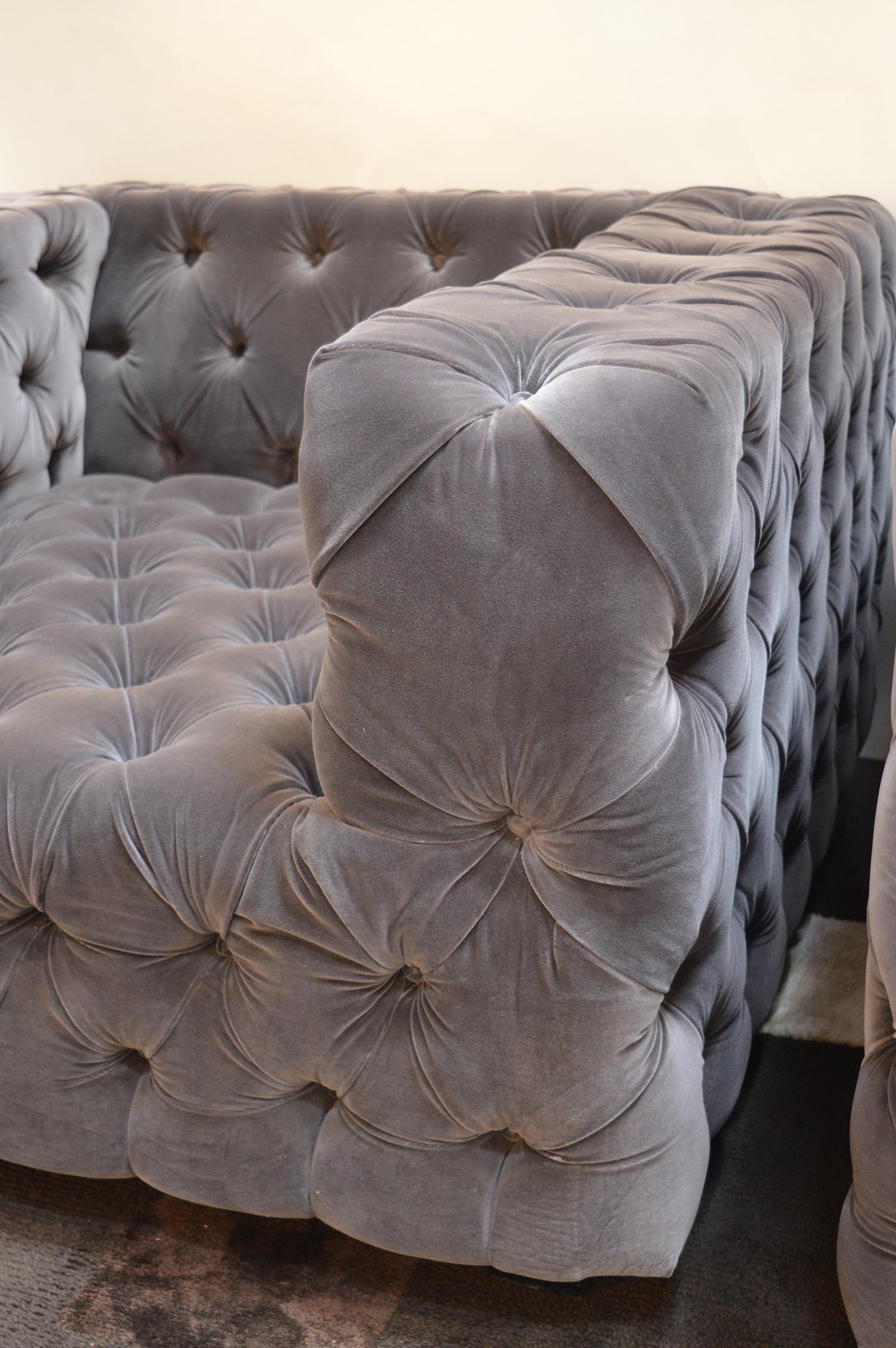 Contemporary Pair of Large Tufted Velvet Armchairs
