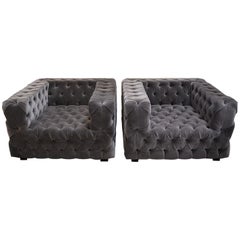 Pair of Large Tufted Velvet Armchairs