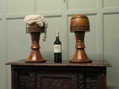 Pair of Large Turned Oak Wig Stands, shop display Hats