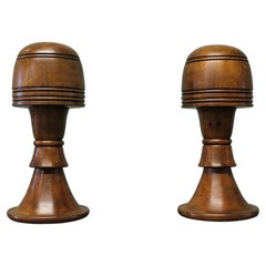 Pair of Large Turned Oak Wig Stands, shop display Hats