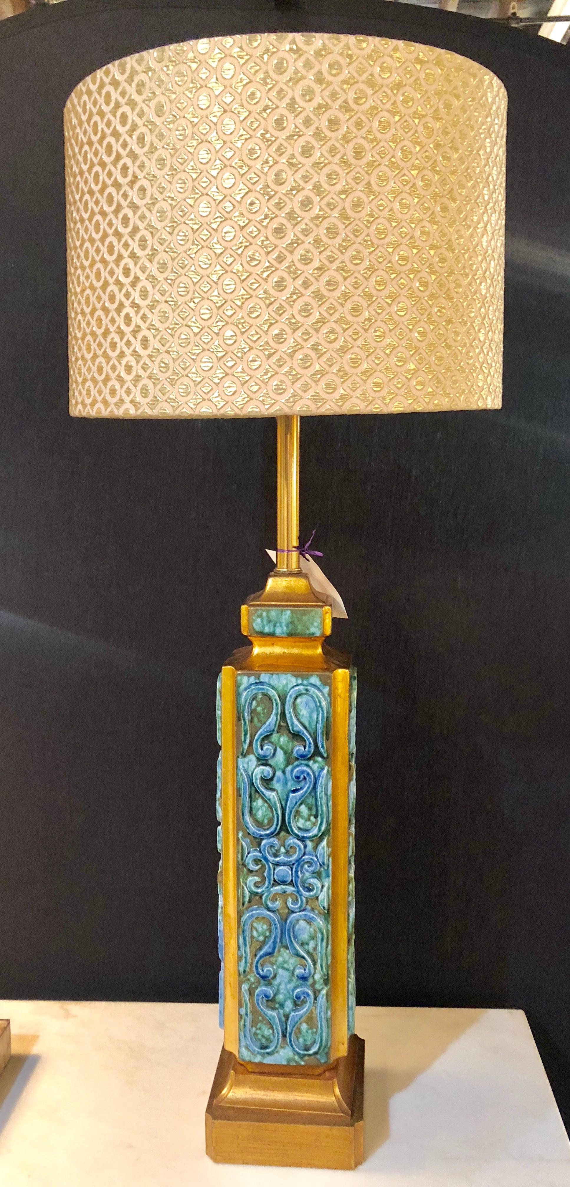 Hollywood Regency Pair of Large Turquoise Ceramic Jefferson Poole Style Pottery Table Lamps