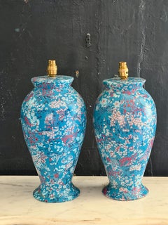 Pair Of Large Turquoise Floral Decoupage Table Lamps