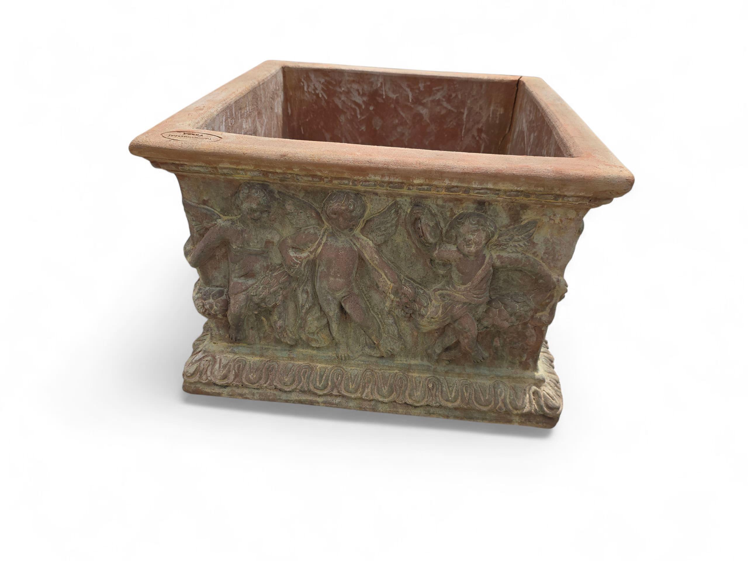 Mid-20th Century Pair of Large Tuscan Terracotta Planters with Cherub Reliefs For Sale