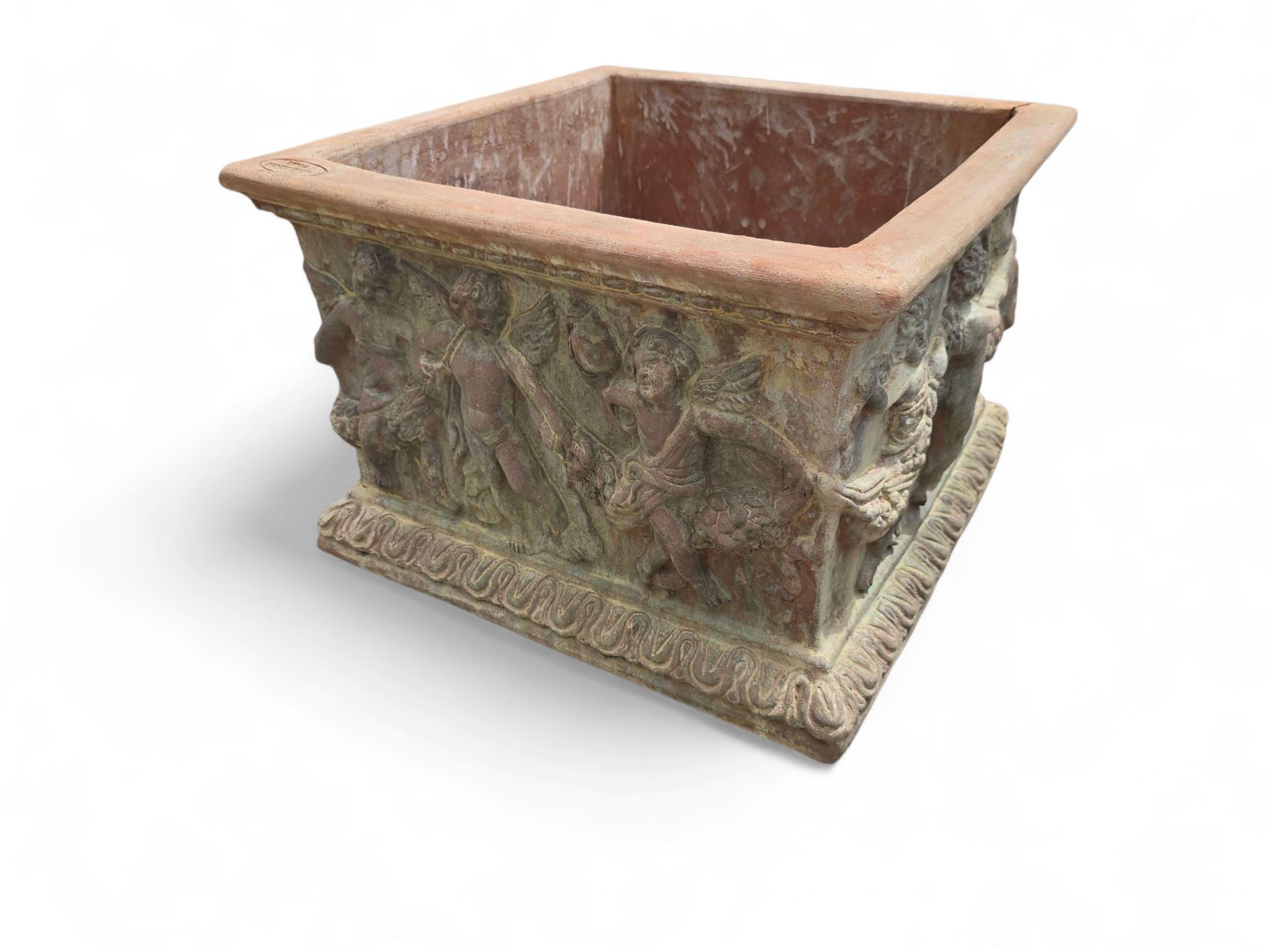 Pair of Large Tuscan Terracotta Planters with Cherub Reliefs For Sale 3