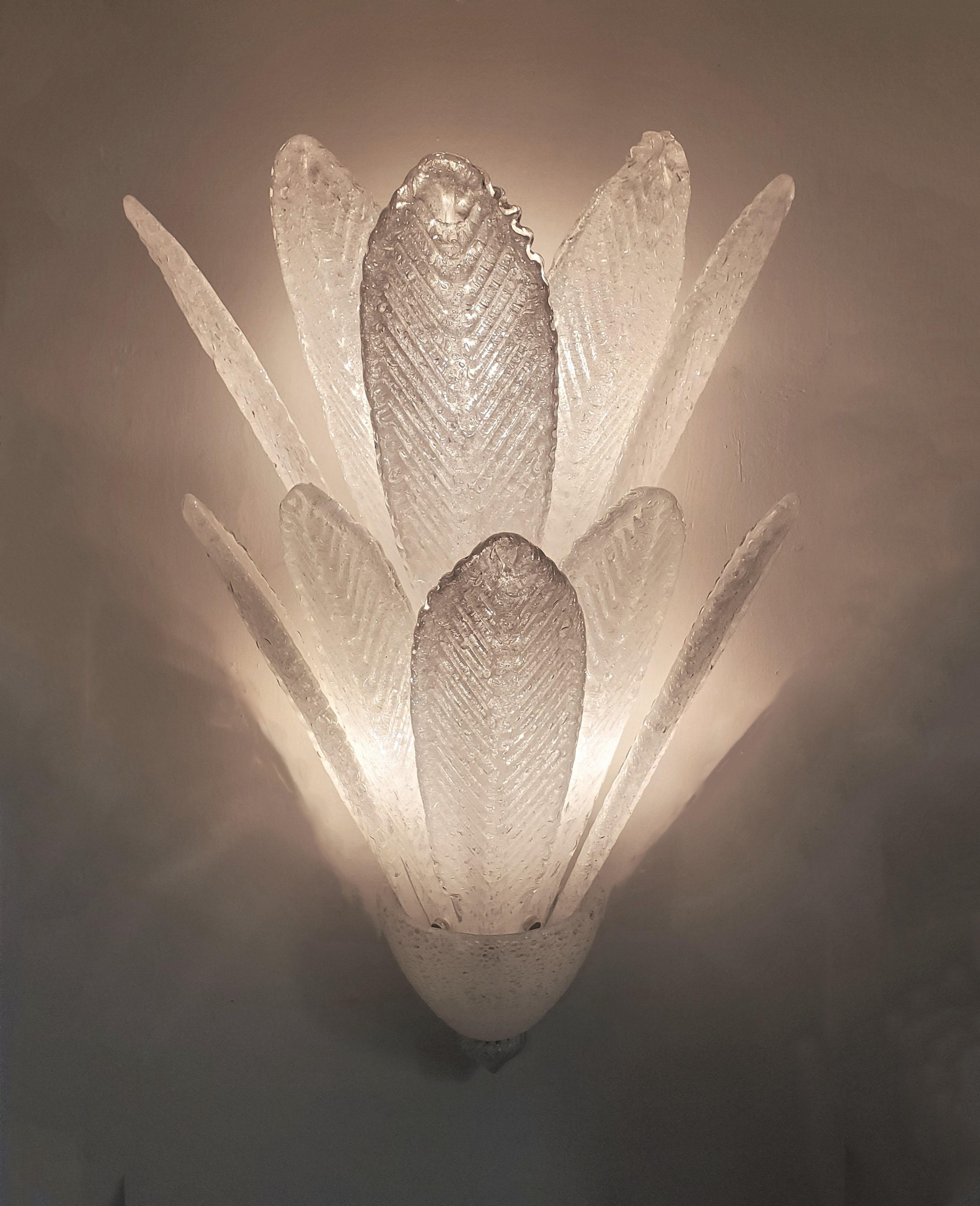 Italian Pair of large two tier handblown Murano glass feather sconces Barovier et Toso  For Sale
