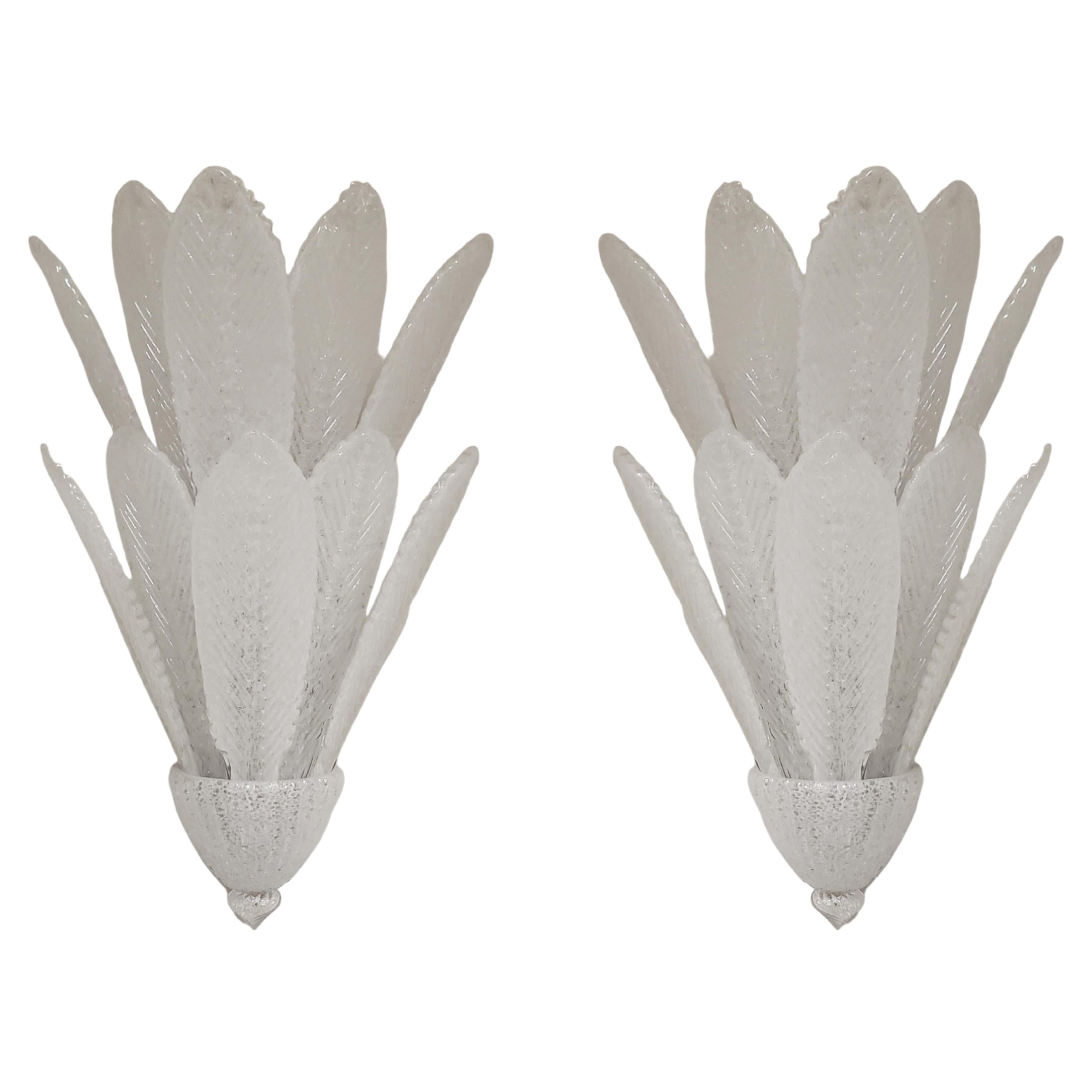 Pair of large two tier handblown Murano glass feather sconces Barovier et Toso  For Sale