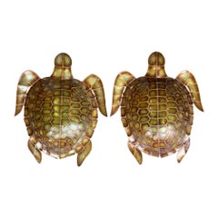 Vintage Pair of Large Unusual Turtle Shaped Nacre Faux Tortoiseshell Wall Sconces