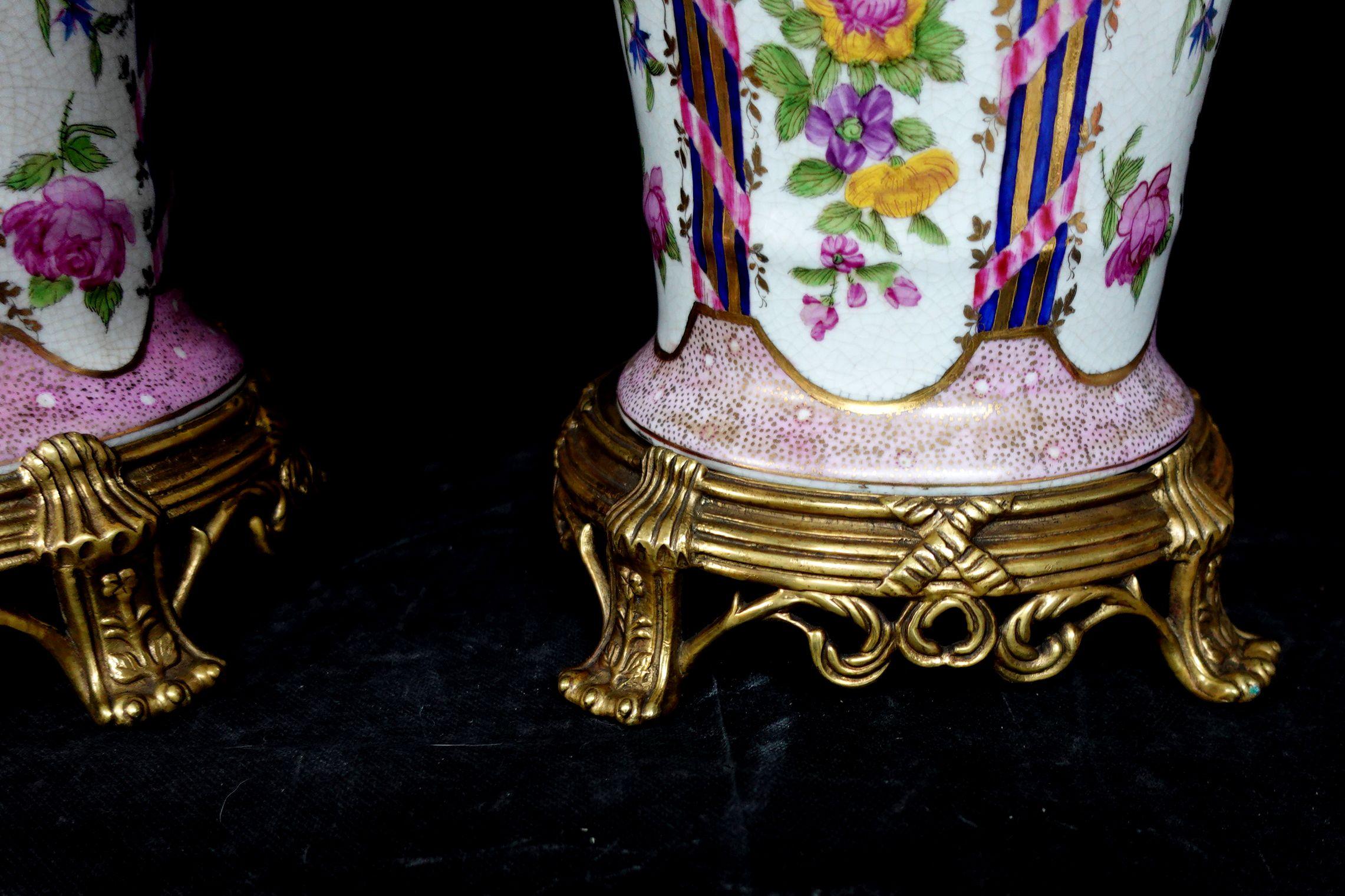 Hand-Crafted Pair of Large Urns, Having Bronze Rim and Foot, Marked on the Bottoms For Sale