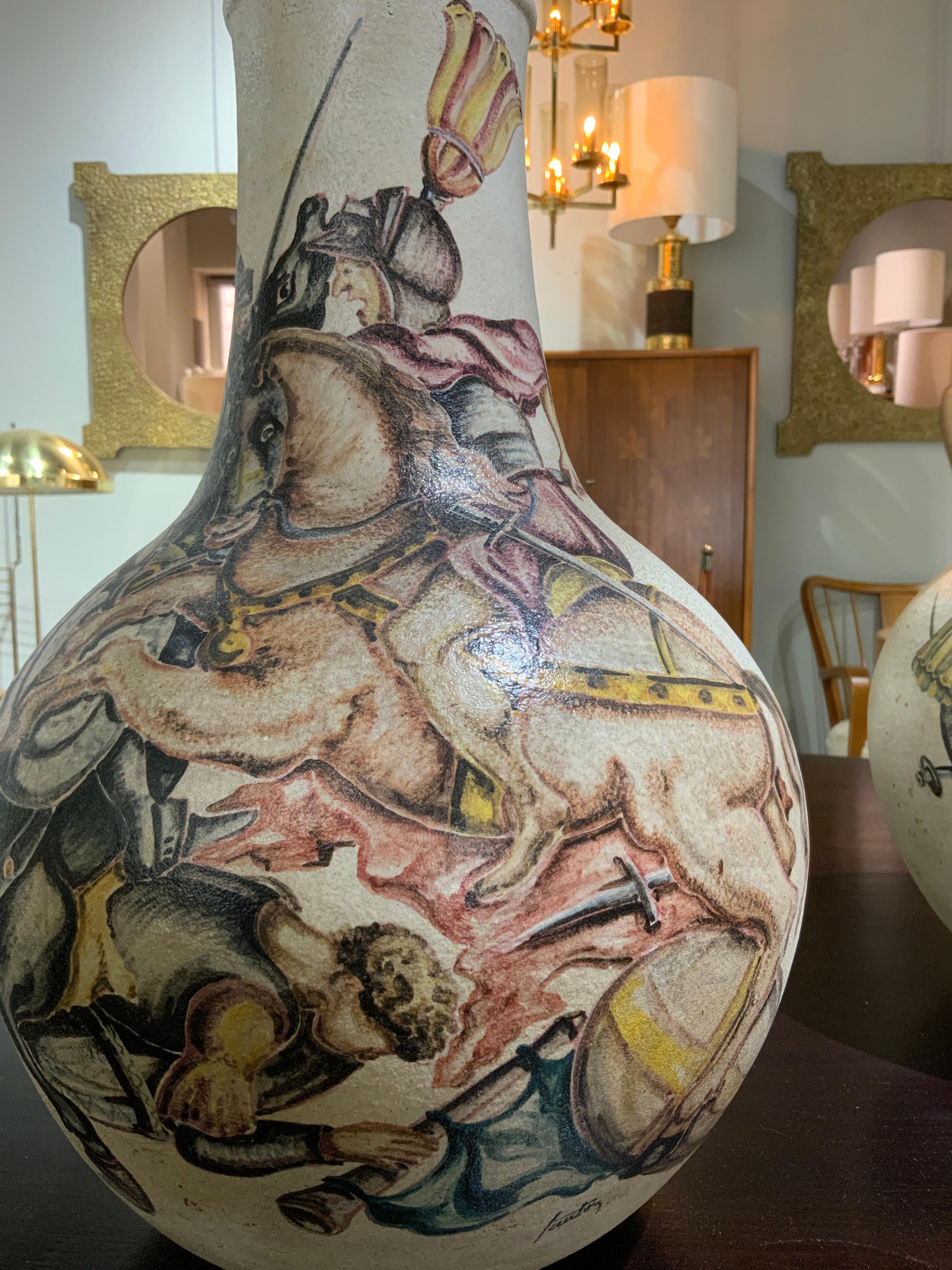 Marcello Fantoni pair of large vases decorated with battle scenes 
Painted ceramic 
Author s signature 