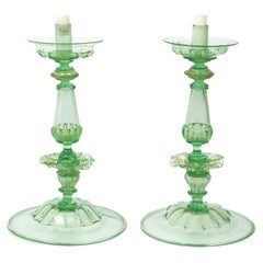 Antique Pair of Large Venetian Blown Glass Candlesticks Candle Holder 1920-1930s