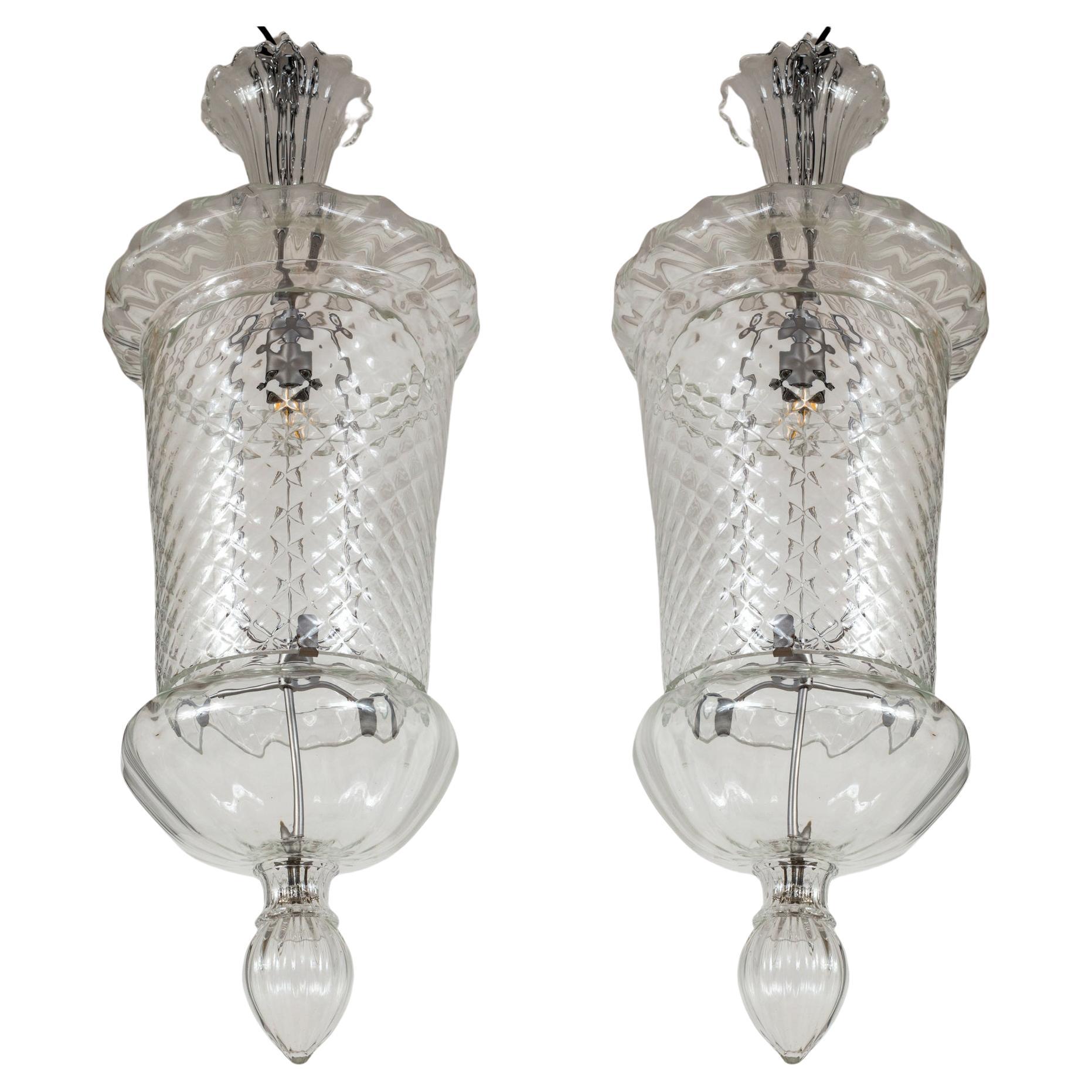 20th Century Pair Of Large Venetian Crystal Blown Lanterns By Seguso