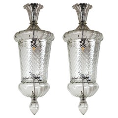 Pair Of Large Venetian Crystal Blown Lanterns By Seguso