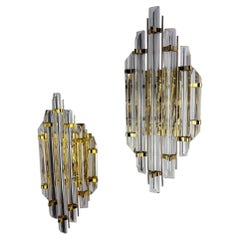 Pair of large Venini sconces, Triedi murano cut Glass, Italy, Circa 1970's