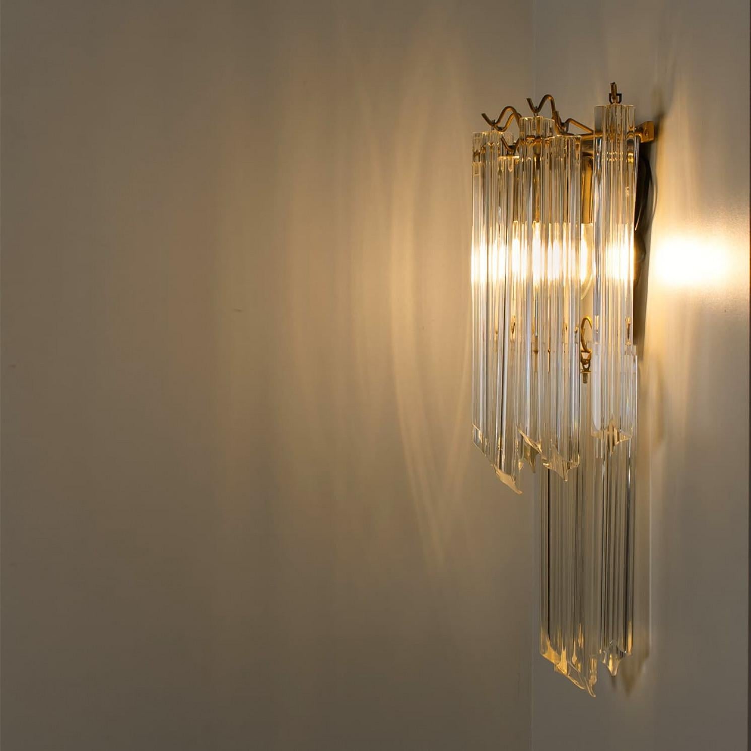 Brass Pair of Large Venini Style Clear Gold Glass Sconces, 1970 For Sale