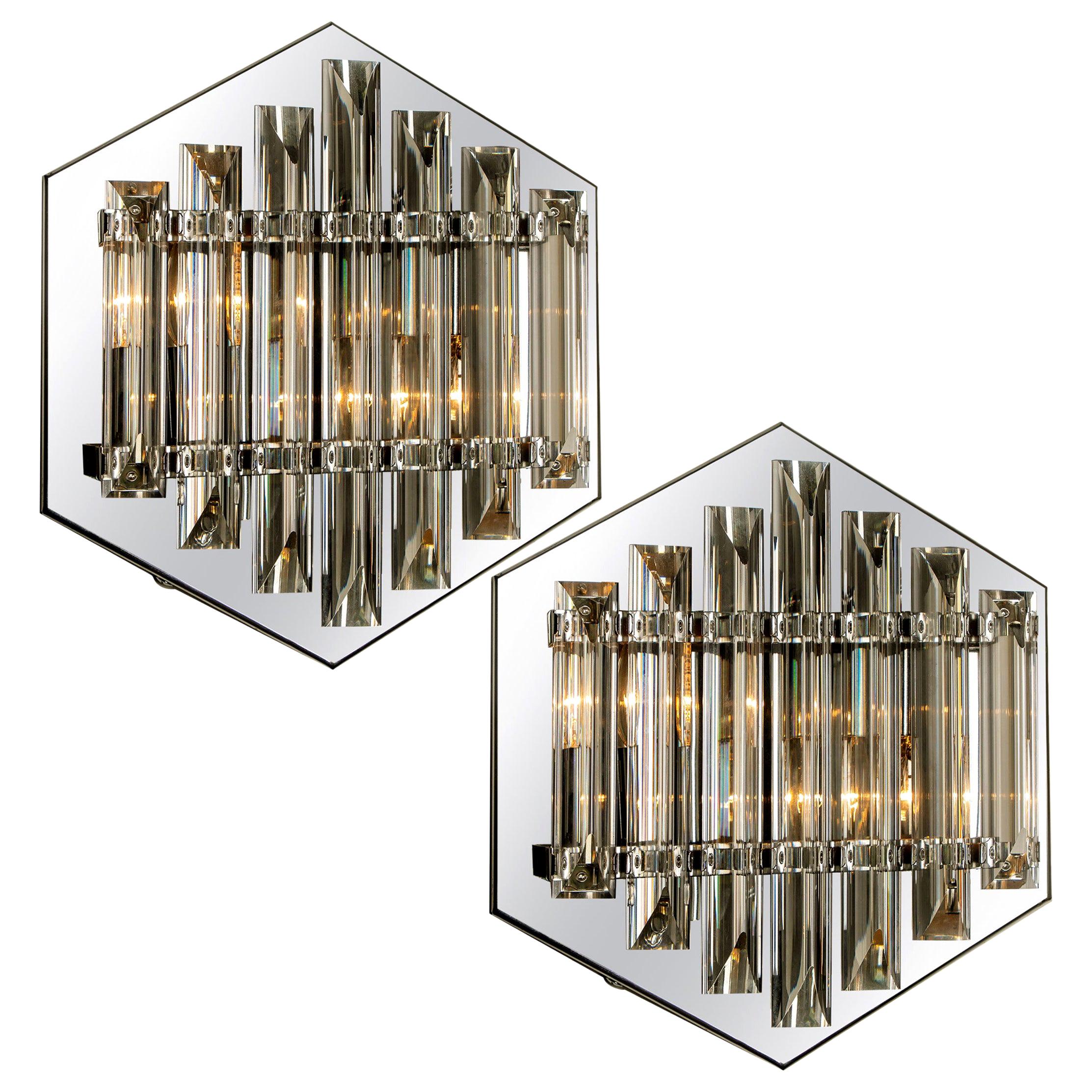 Pair of Large Venini Style Glass Sconces with Triedi Crystals, 1969 For Sale