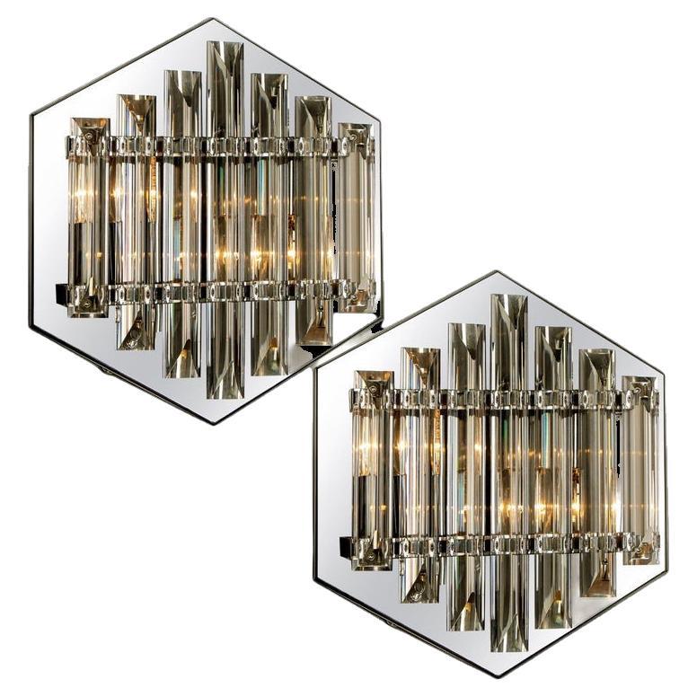 Pair of Large Venini Style Glass Sconces with Triedi Crystals, 1969
