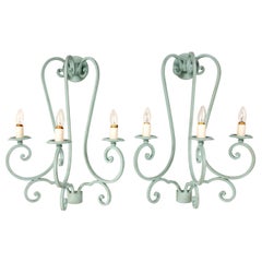 Pair of Large Verdigris Hollywood Regency Style Electrified Sconces