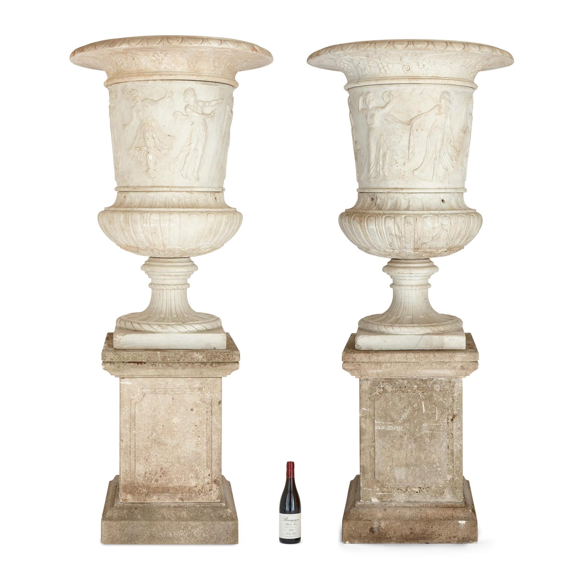 Pair of Large, Very Fine Carved Marble Garden Urns of Campana Form with Plinths For Sale 3