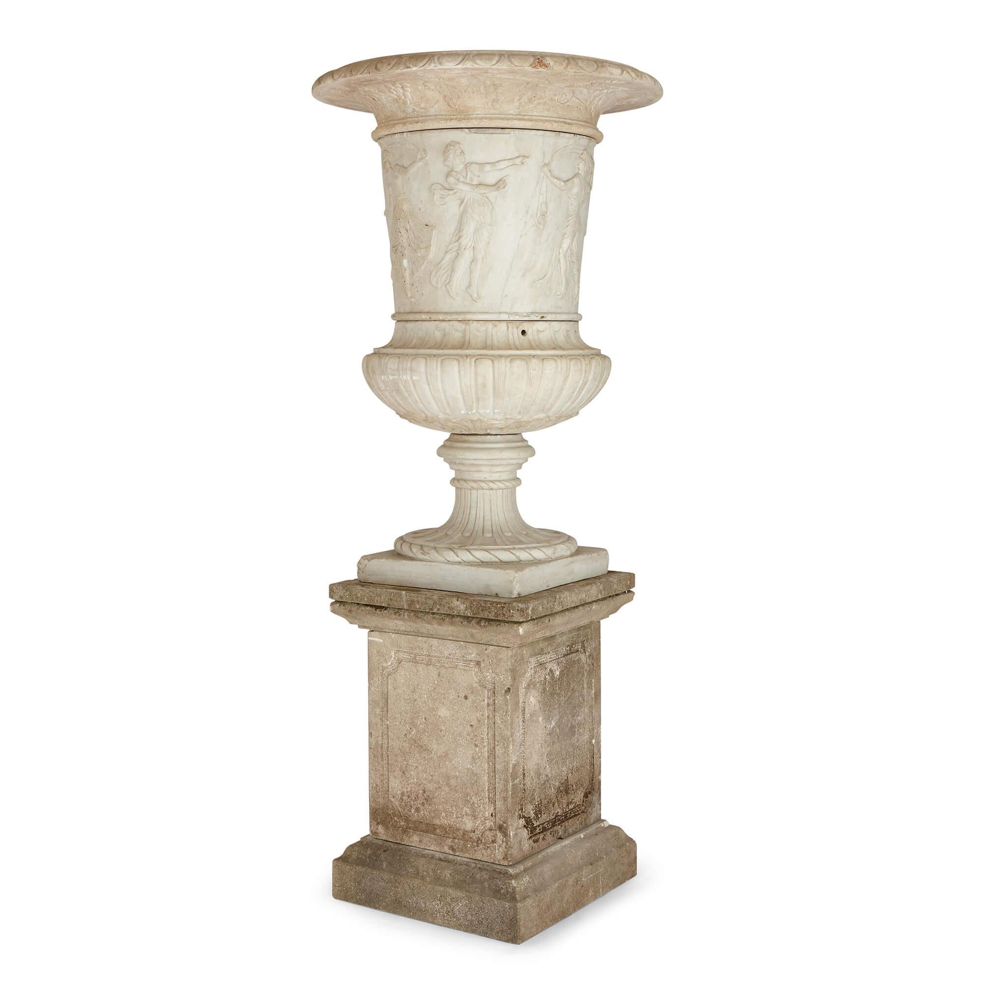 Neoclassical Pair of Large, Very Fine Carved Marble Garden Urns of Campana Form with Plinths For Sale
