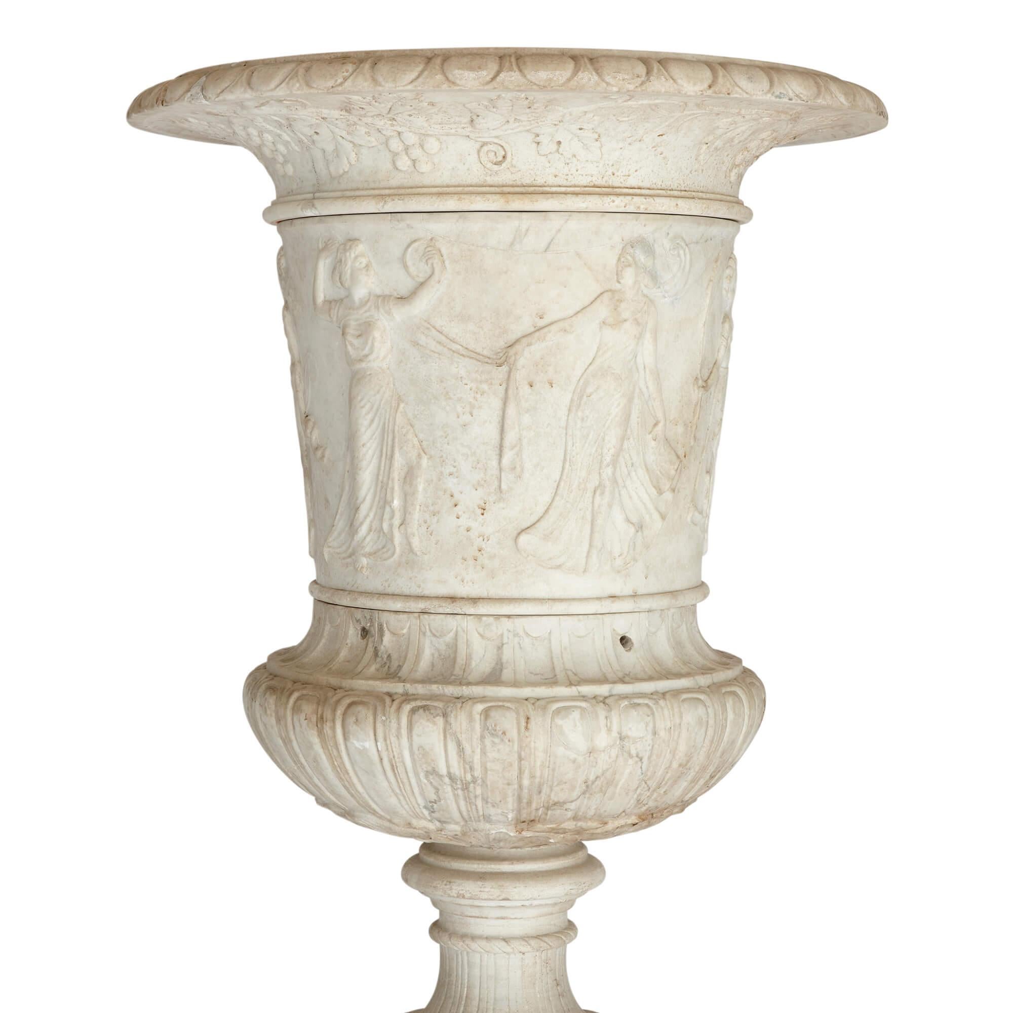 European Pair of Large, Very Fine Carved Marble Garden Urns of Campana Form with Plinths For Sale